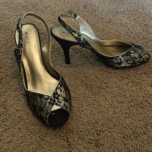 Black and gold lace heels